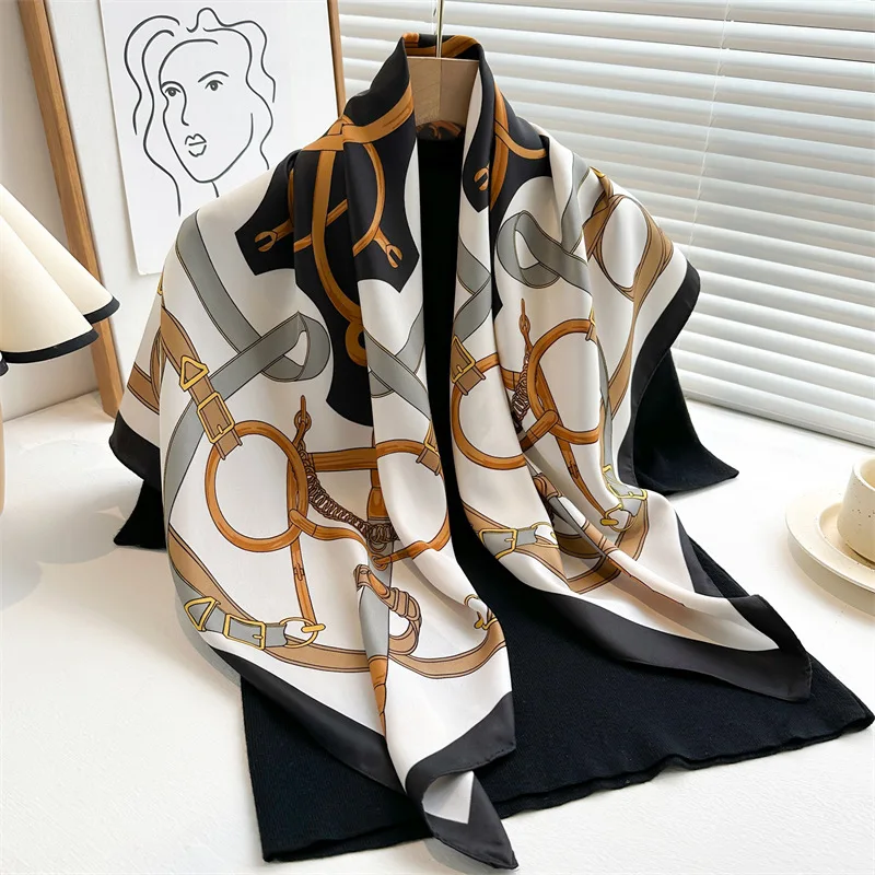 Luxury Brand Square Silk Scarf Women Vintage Satin Scarf Neck Hair Band Soft Work Hairband Ribbon Foulard Headband 90X90cm Shawl