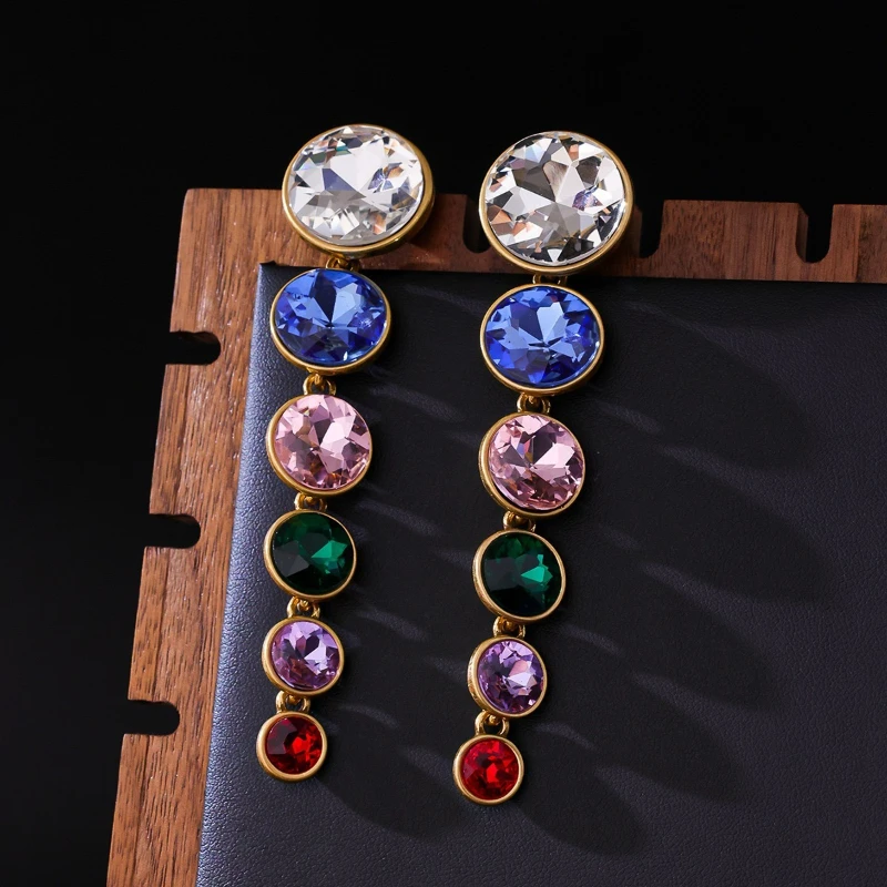 Vintage Multicolor Rhinestone Drop Earrings for Women Retro Long Dangle Earrings Fashion Jewelry Gift
