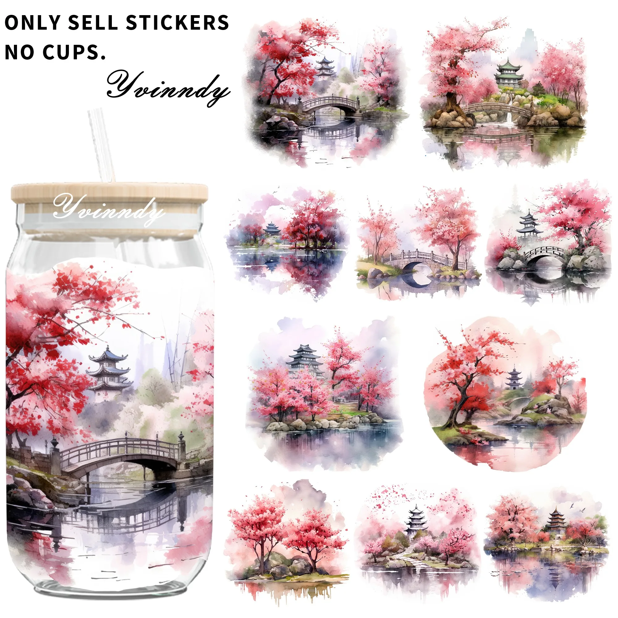4 Pieces/Set Spring Cherry Blossom Mountain Forest Scenery UV DTF Waterproof Transfer Paper For 16 Oz Cup DIY Handmade Paper