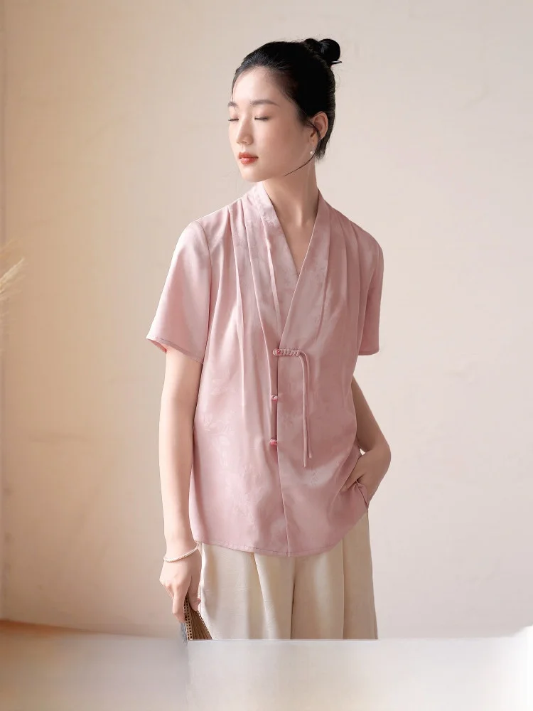 

Original Design Women's V-Neck Short Sleeve Shirt Slanting Lapel Acetate Top Summer New Chinese Style National Trend Blouse