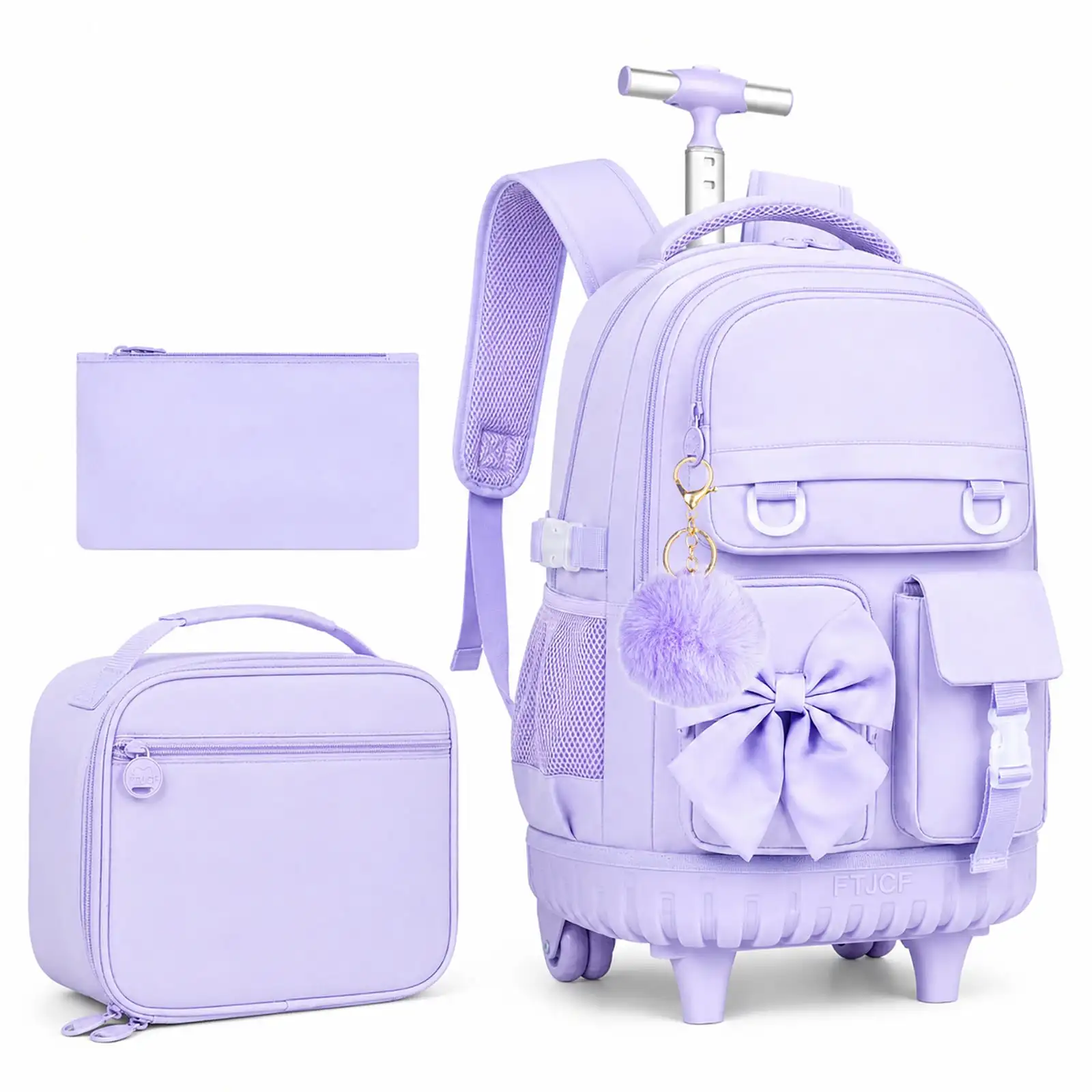 3PCS Rolling Backpack For Girls, Purple Bow Roller School Backpacks With Wheels, Water-Resistant Wheeled Bookbag Set