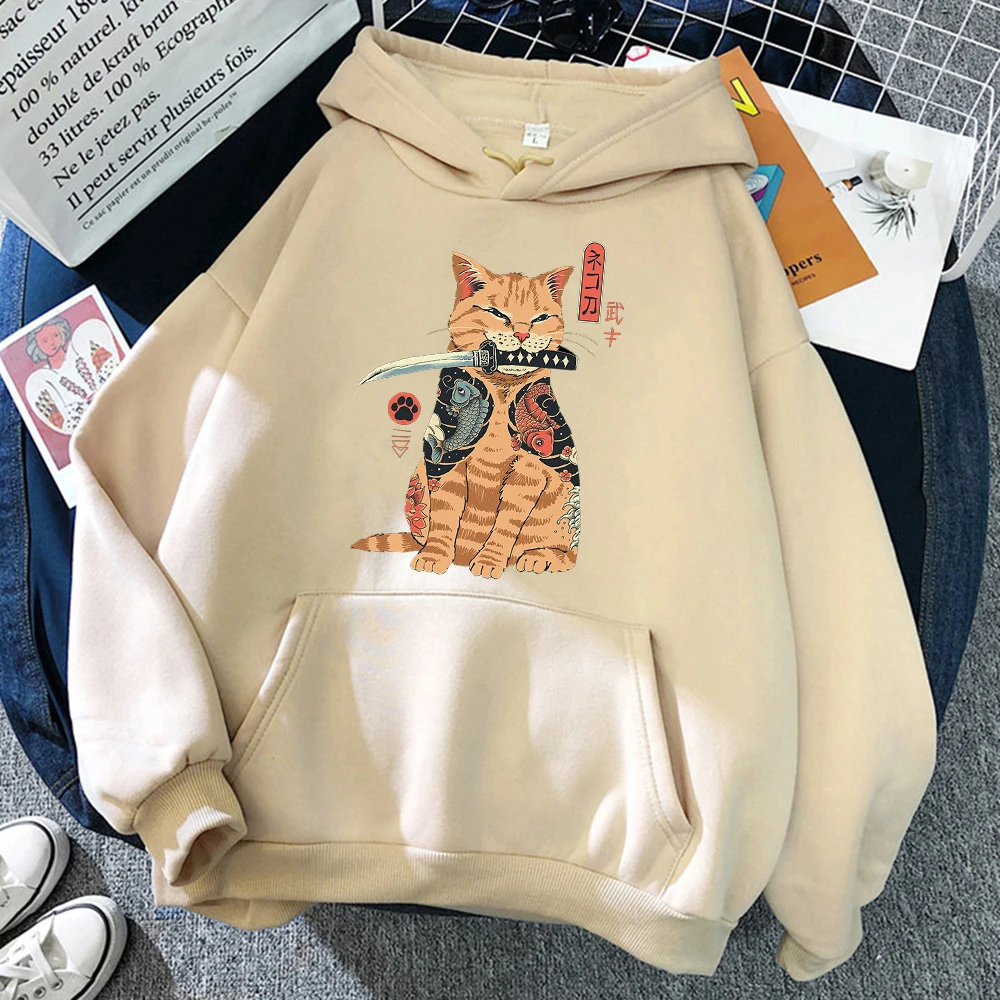 Japanese Cartoons Cat Ukiyo E Print Women Hoodie Hip Hop Fleece Pullovers Creativity Crewneck Clothing Fleece Loose Womens Hoody