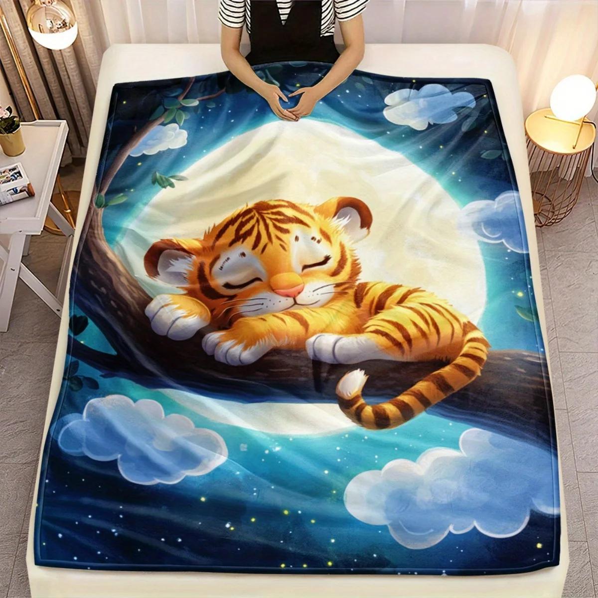 Cute sleeping tiger on tree branch moon night sky flannel blanket baby toddler blanket nursery decor animal theme soft blanket