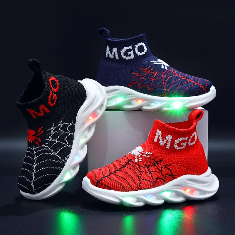

Disney LED Casual Sneakers Red Black For Spring Boys Spiderman Mesh Outdoor Shoes Children Lighted Non-slip Shoes Size 21-30