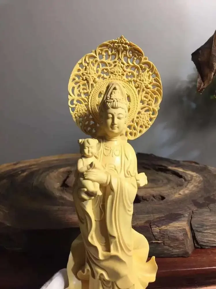 Chinese Boxwood Huang-yang wood carving Kwan-yin Guanyin statue  Boxwood with the image of a baby bearer
