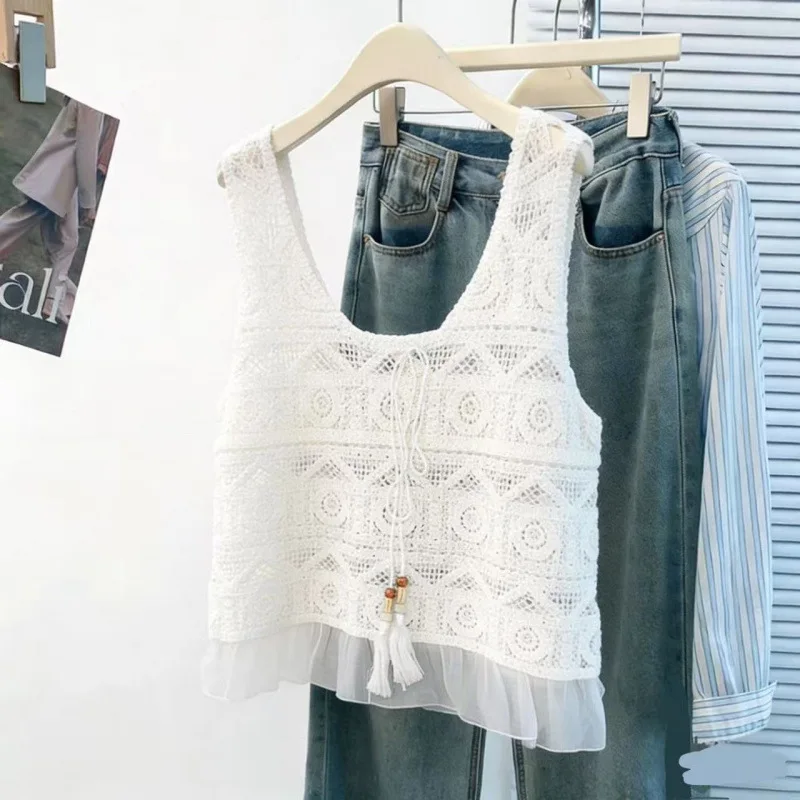 Boring Honey Summer Fashion New Heavy Embroidery Sequin Lace Vest Women Hollow Out Crochet Short Sleeve Cardigan Boho Beach Styl