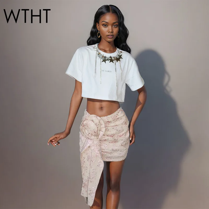 

WTHT Trendy 2025 Summer Women's Metal Chain Letter Print O-neck T-shirts Fashion 3D Flower Ribbon Mini Skirts Female 1LS1840