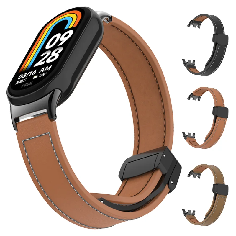 

For Xiaomi Mi Band 8 Leather Strap Watch Magnetic Buckle Wristband for Miband 8 NFC Correa Watchband Bracelets Metal Interface