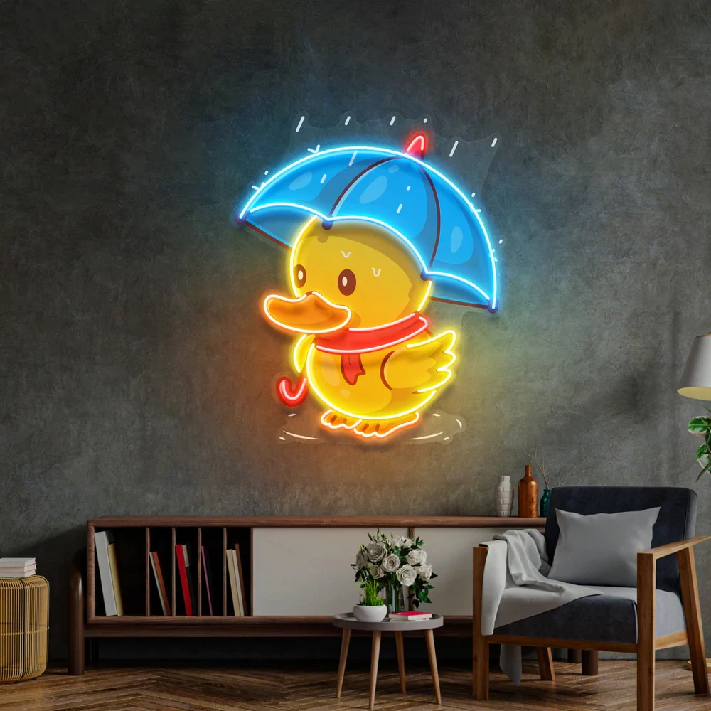 Duck Walking Under Rain Neon Sign UV Print Duck Pop Art Hanging Home Bedroom Wall Decor Child Room Decor