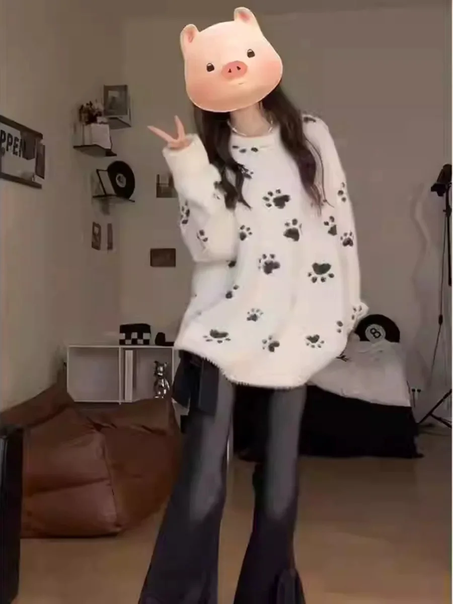 여성용 밍크 퍼가 달린 티엔드 울 니트 스웨터 따뜻한 투톤 라운드 넥 롱 스웨터 캐주얼 스타일 가을용