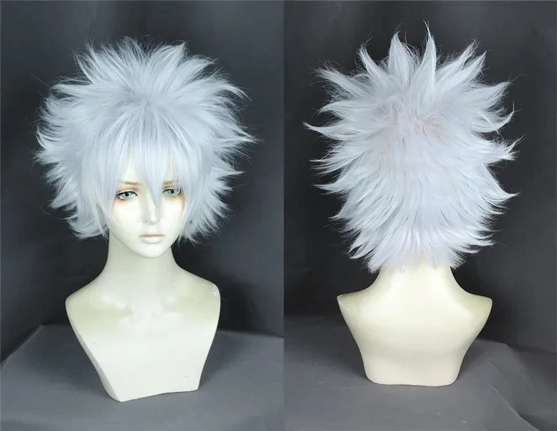 Japanese Anime Killua Zoldyck Cosplay Wig Silver Short Heat Resistant Synthetic Hair Halloween Role Play Party + Wig Cap