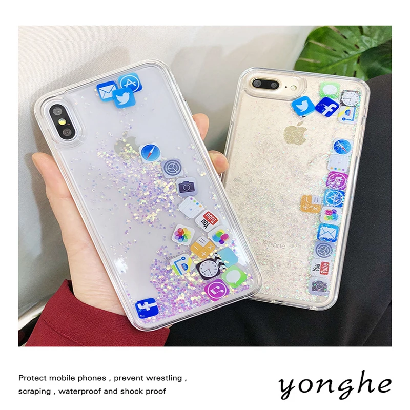 

Liquid Glitter Quicksand Silicone Soft Tpu Case for IPhone 11 12 13 14 15 16 Pro Max Plus X XS XR Max Cover for Apple App Icon