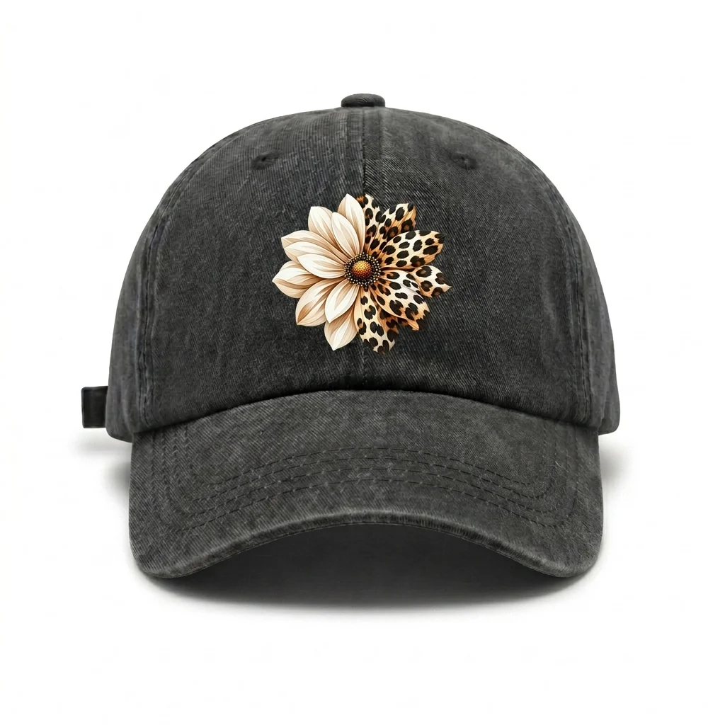 Daisy Leopard Print Floral Graphic Vintage Washed Baseball Cap, Adjustable Unisex Dad Hat, Cute Floral Aesthetic Gift for Women