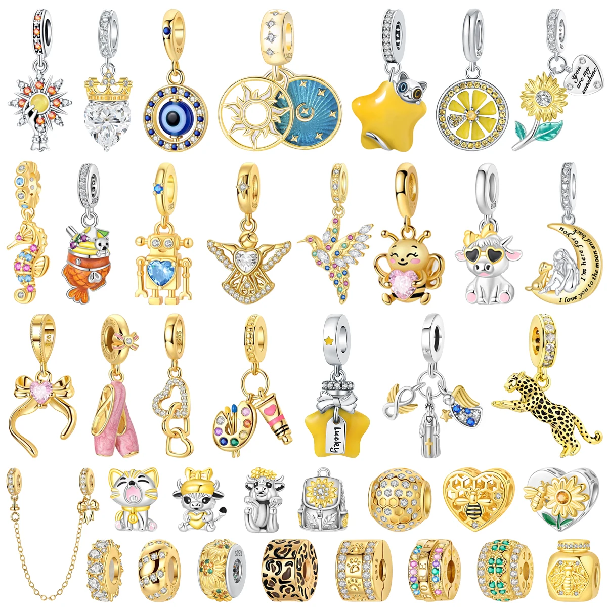 Original S925 Silver Gold Star Bee Cat Cow Sunflower Bow Beads Pendant Safety Buckle Bracelets Necklaces Women DIY Jewelry Gift