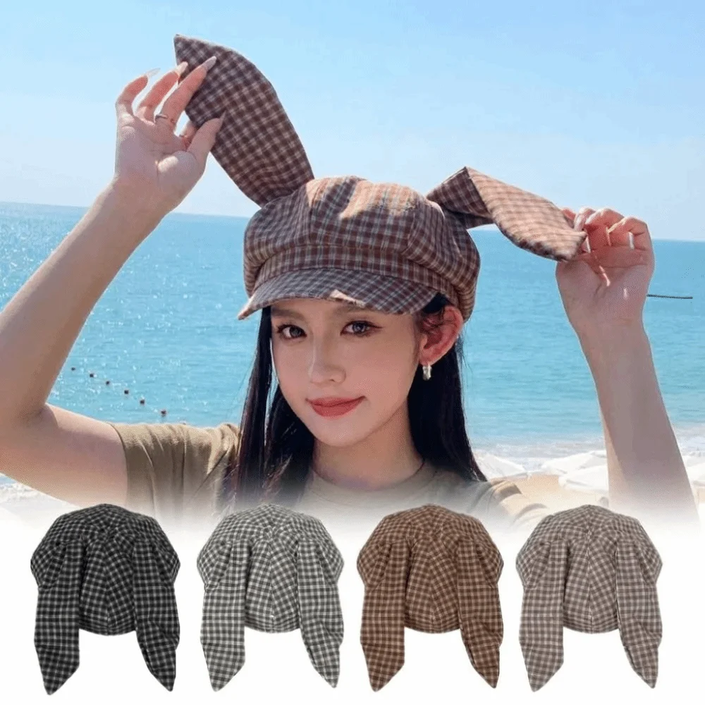 Bild 3: Niedliche achteckige Mütze mit langen Hasenohren, großer Kopfumfang, Newsboy-Mütze im koreanischen Stil, vielseitige karierte Baskenmütze für Frühling und Sommer