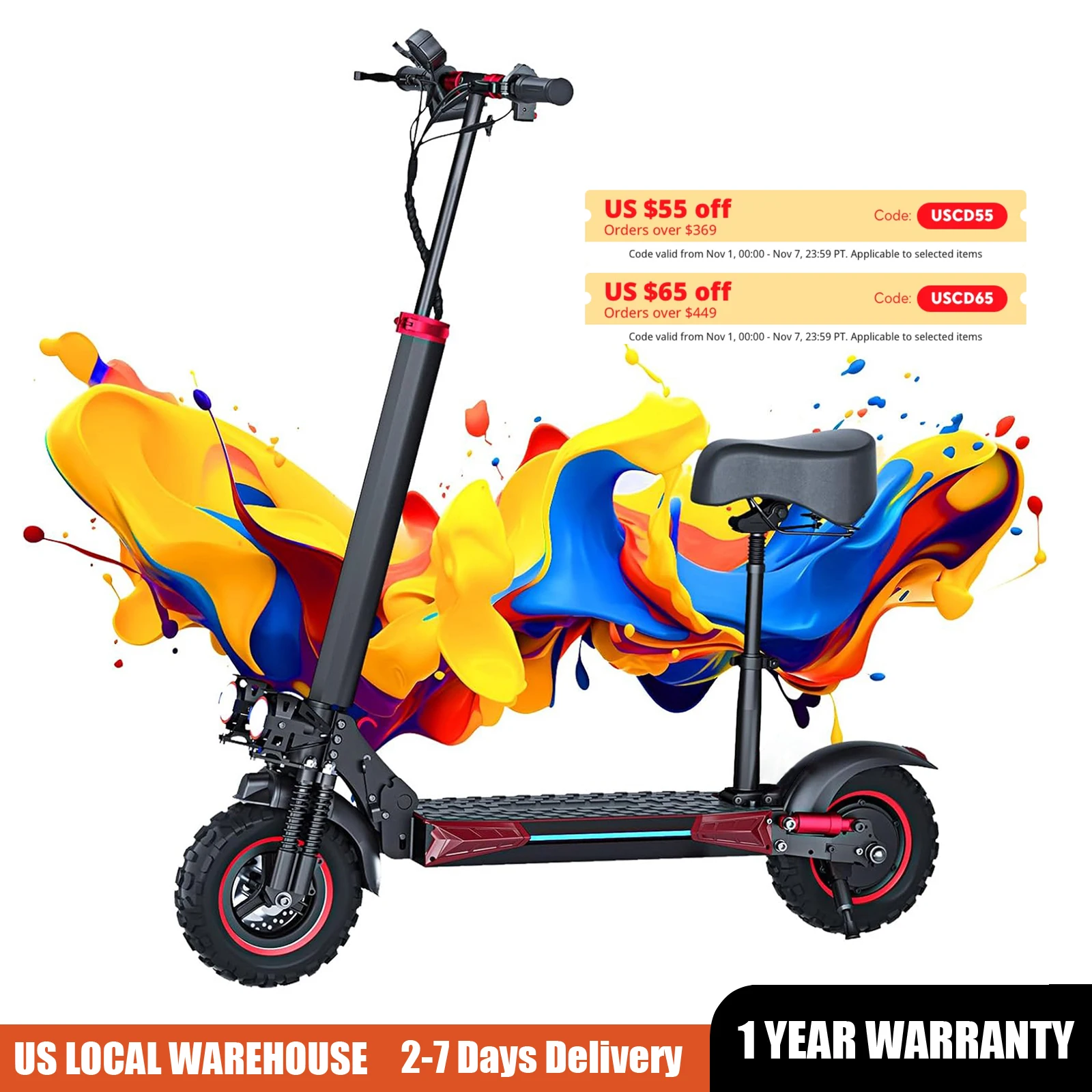 FREEBOY 1200W Off-road Electric Scooter with Seat, 48V 21Ah/18Ah Battery, Max speed 30Mph, Foldable Commuter E-scooter