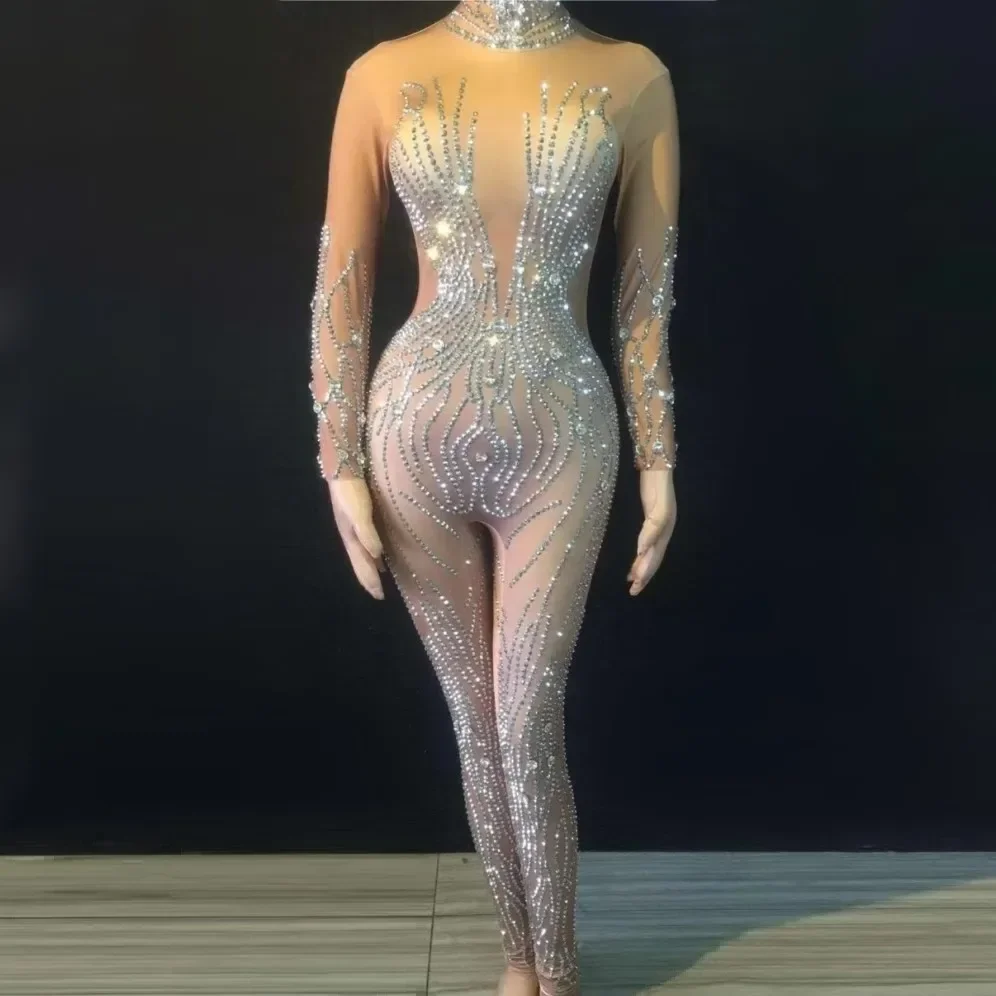 2021 New design Silver Rhinestones Nude Jumpsuit Sexy Performance Bodysuit Female Singer Rompers Wear Dance Wear Stretch