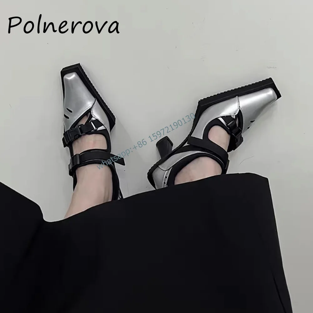 Mieszane kolory Punk Pumps Square Toe Chunky Heels Button Air Mesh Silvery Black Shoes Unique Cool Girl Street Shoot Stiletto Shoes