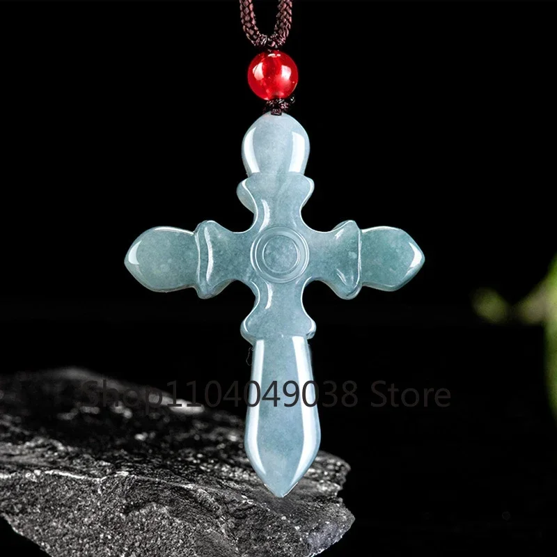 

Natural A-goods Jadeite Blue Water Cross Jade Pendant Hand-carved Exquisite Men and Women Lucky Amulet Necklace Holiday Gifts