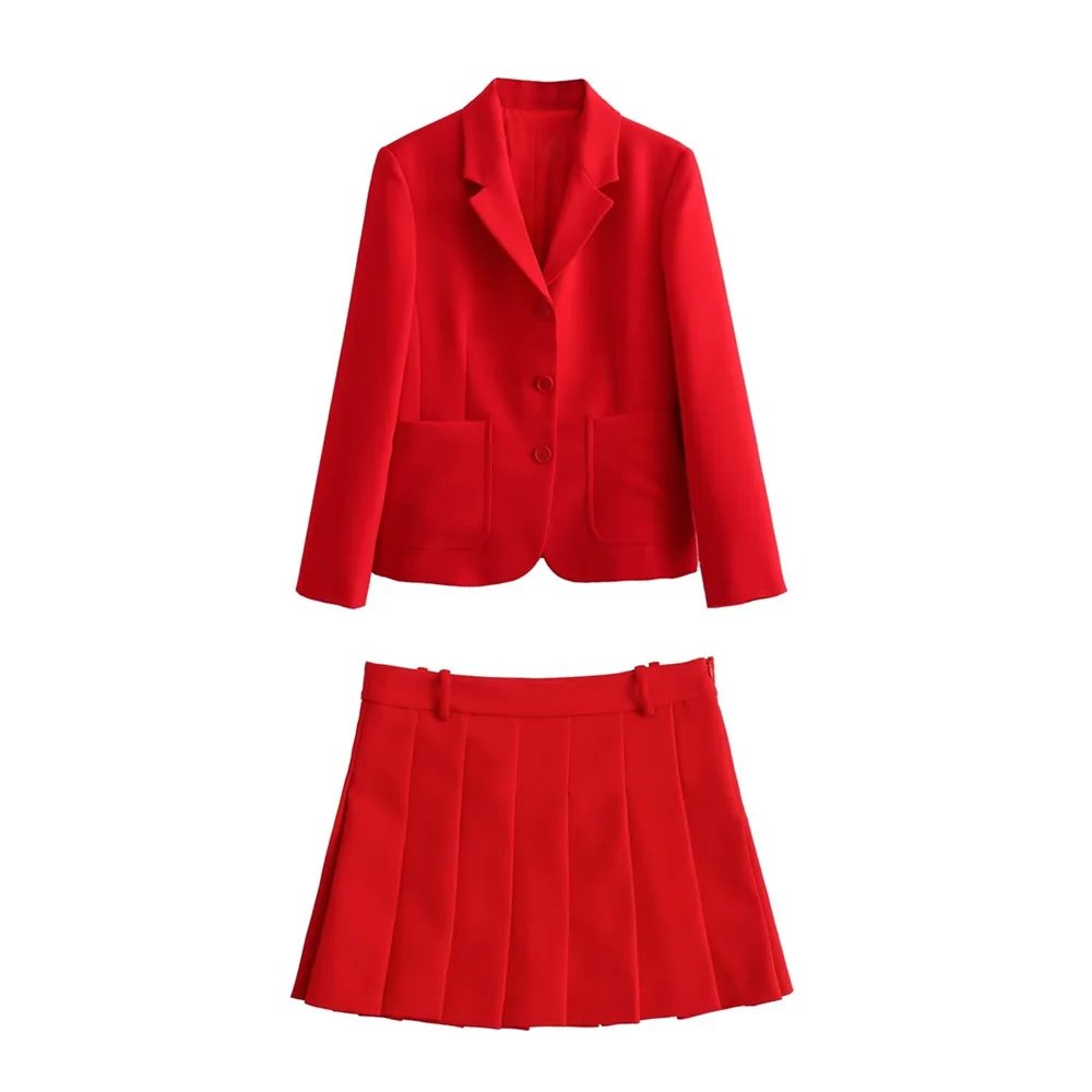 Taop&Za 2024 temperament versatile red tight suit jacket/A-line short pleated skirt half skirt women\'s set