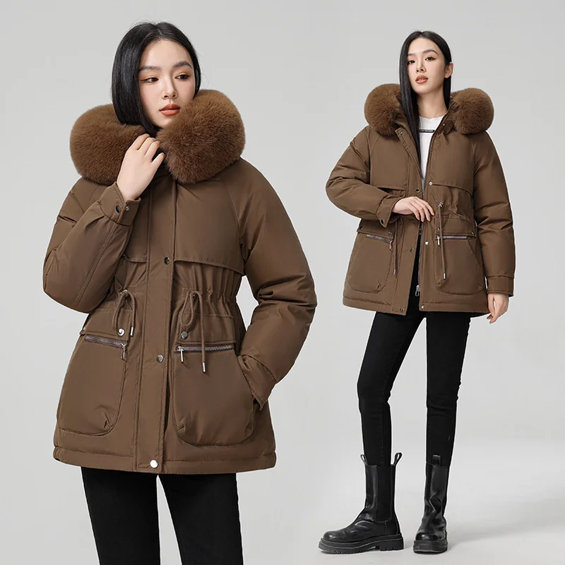 

Parkas Girls Womens Winter Stitched Waist-Closed Softshell Personality Coated Original Baggy Split Pockets Turndown Lambskin Hot