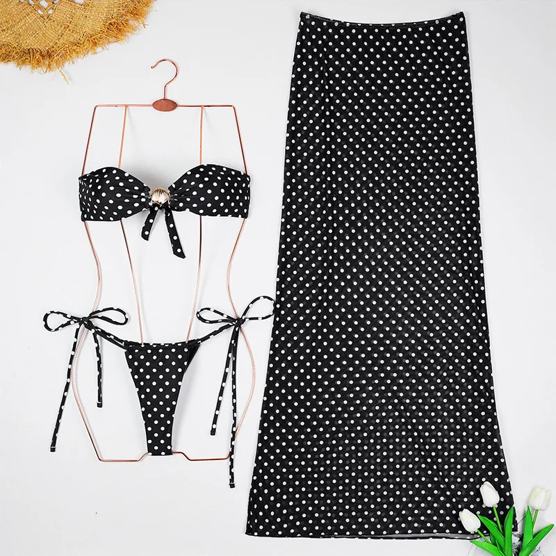

2025 Elegant Black Polka Dot Bikini Set with Long Skirt Swimwear Holiday Bath Suit Female Beachwear Beach Chic Summer Style