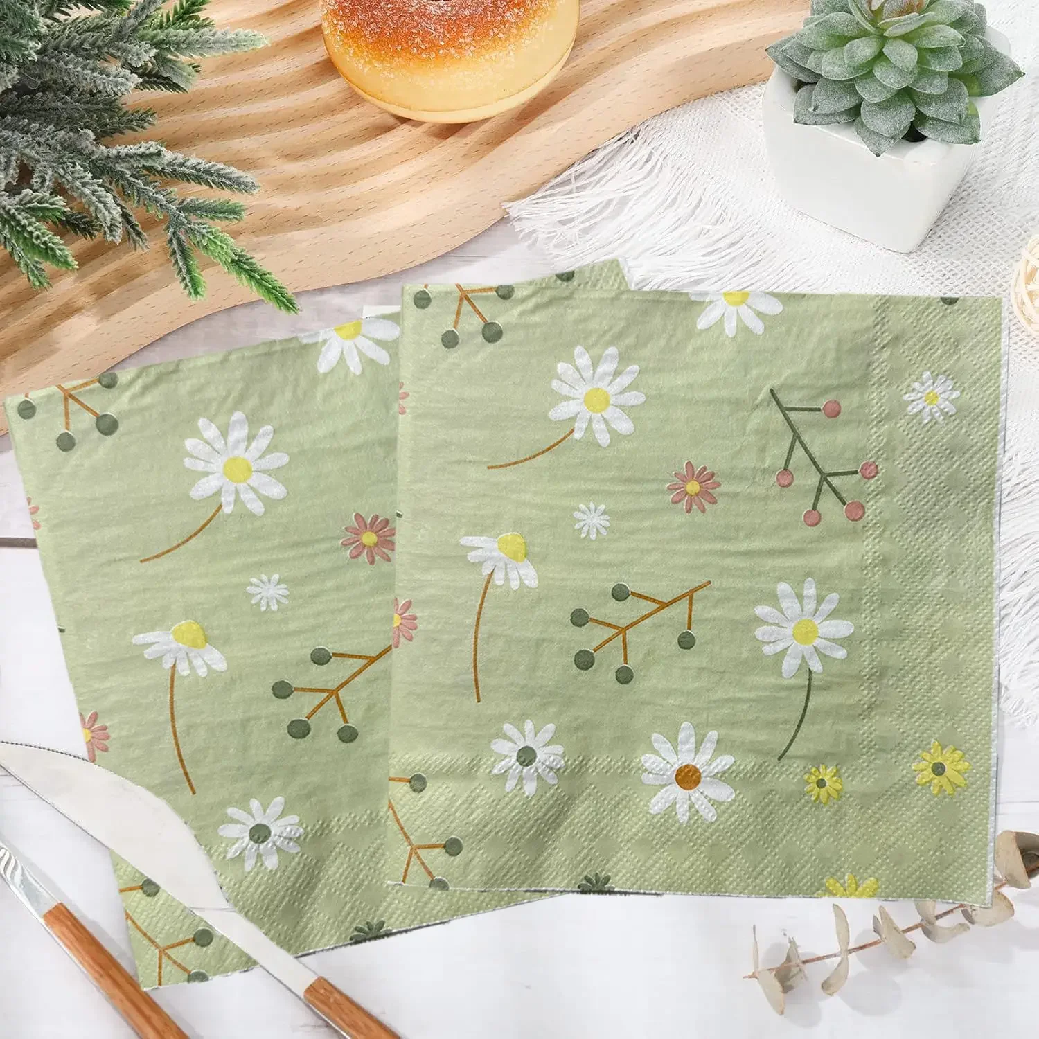 البابونج المطبوعة منديل الأنسجة الخضراء حفلة عيد ميلاد لوازم أدوات المائدة منصات منديل ورقي للاستعمال مرة واحدة نمط زهرة طازجة صغيرة #5