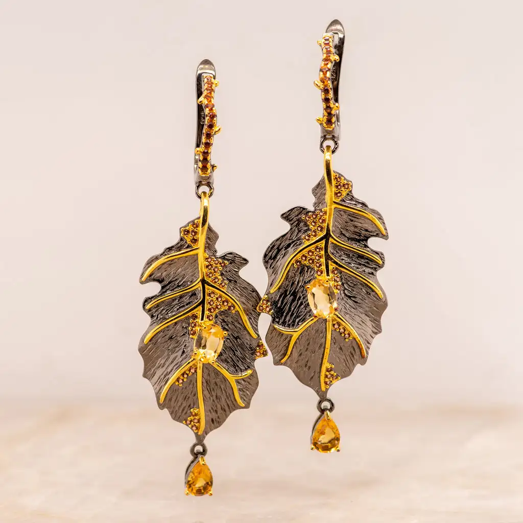 GEM\'S BALLET Georgia O\'keeffe 0.97Ct Natural Citrine 925 Sterling Silver Handmade Monstera Leaves Drop Earrings for Women Bijoux