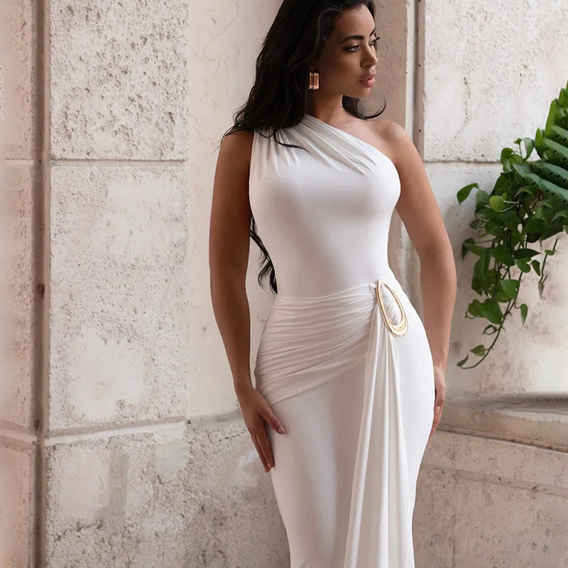 Doyerl One Shoulder Mermaid Evening Dresses for Women Elegant Celebrity Metal Button Night Club Party Prom Dress with Ribbon