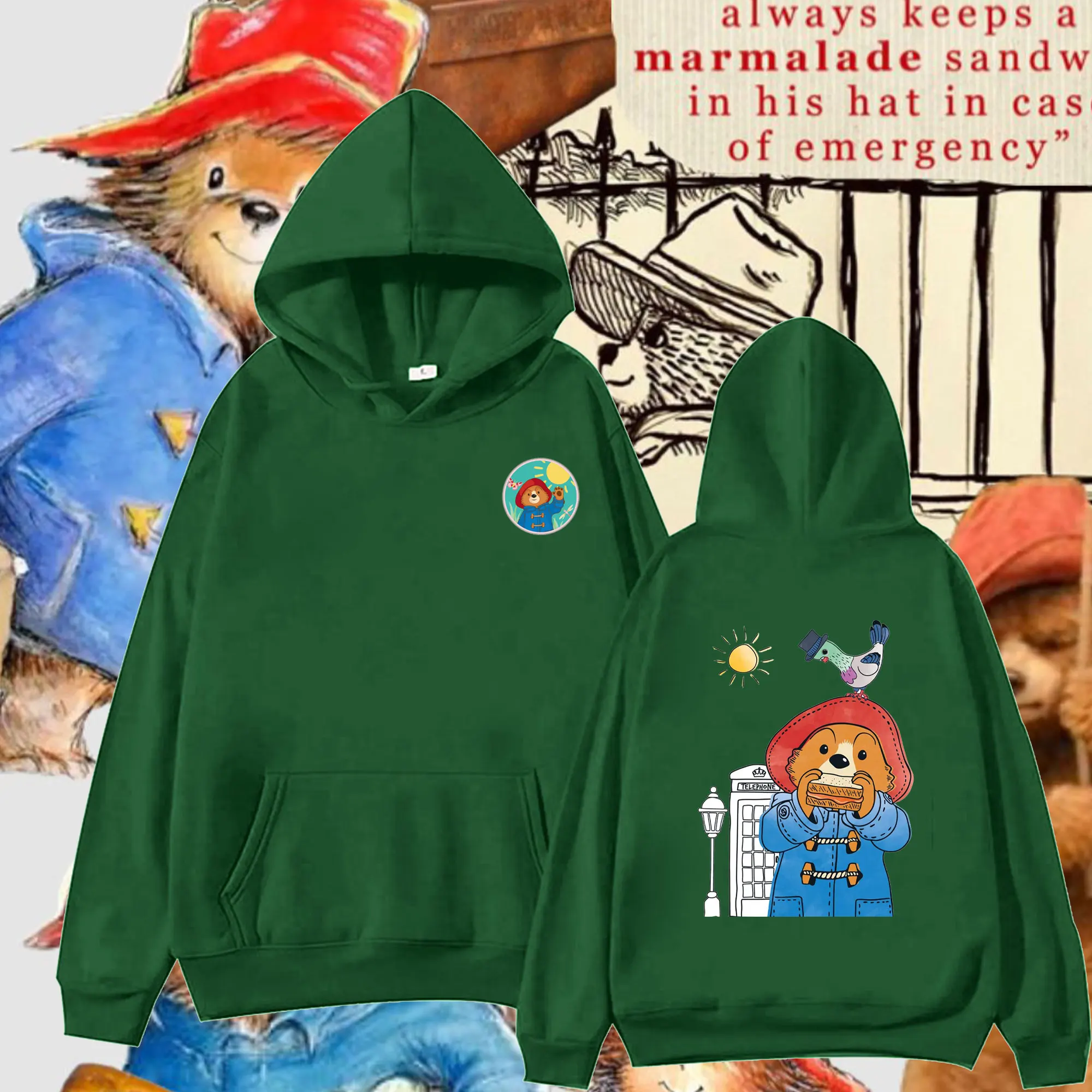 Paddington Bear in London Graphic Hoodied Printed Unisex Hoodie Double-sided Printing Loose Pullover Hoodies Spring and Autumn