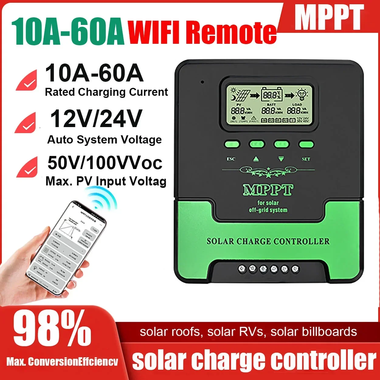 12/24V MPPT Solar Charge Controller Wifi 10A 20A 30A 50A 60A Solar Panel Regulator LCD USB for Lifepo4 Lead Acid Lithium Battery