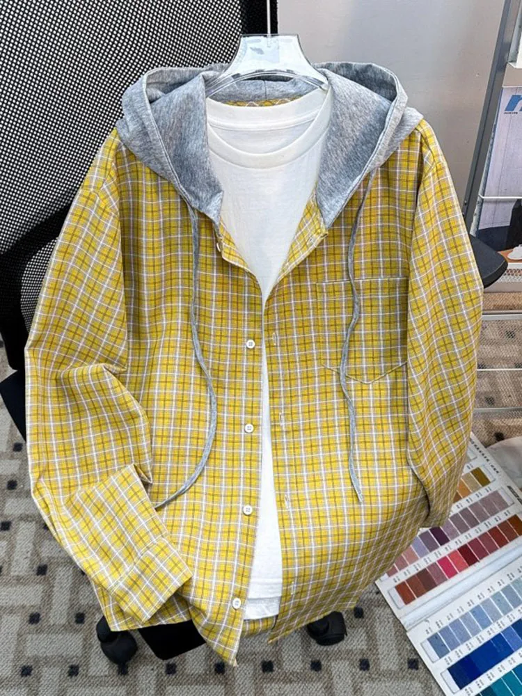 American Vintage Plaid Hooded Shirt Autumn Casual Fashion Loose Street Style Versatile Men's Drawstring Shirts