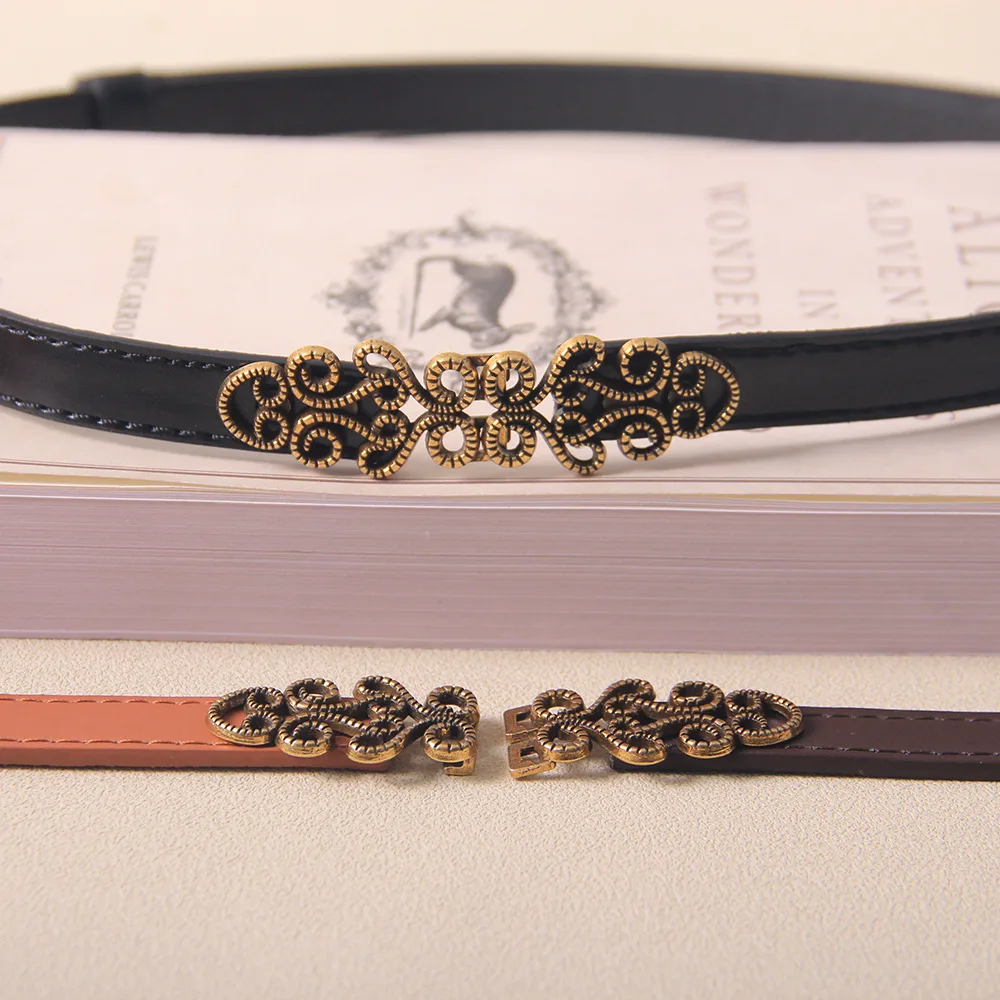 New Hollow Floral Metal Buckle Hole Adjustable Thin Pu Leather Waist Belt Curly Floral Metal Accessory Hole Less Sliding Design