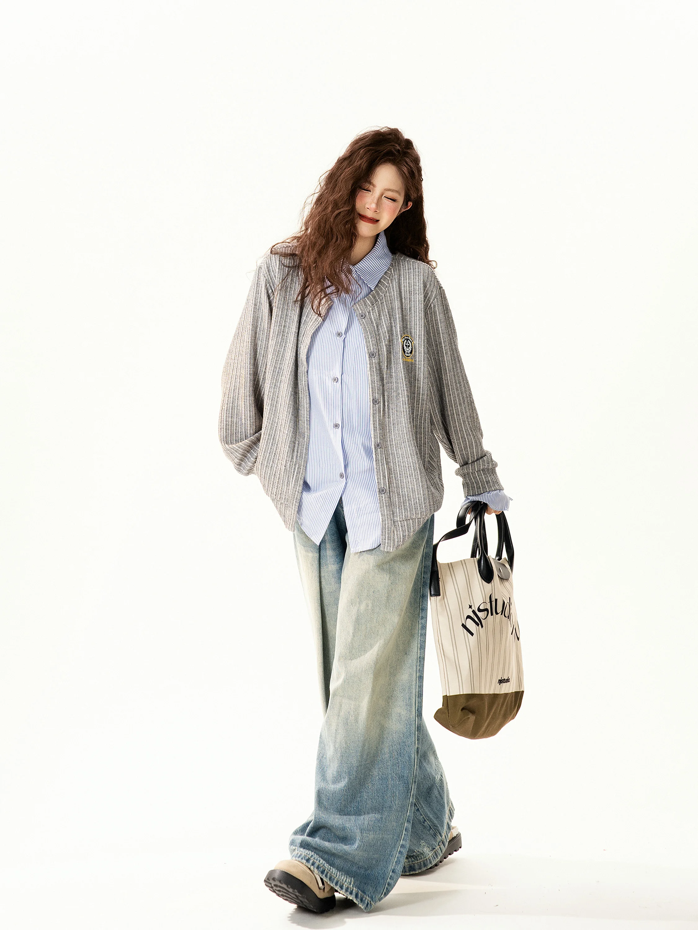 

Retro American Spliced Open Cardigan Sweater Women's Loose Versatile Knitted Outerwear Trendy Fake Two-Piece College Sle