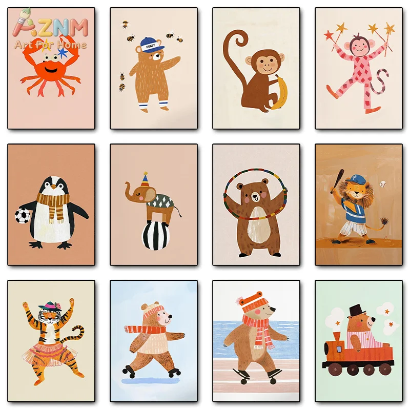 AZNM Cute Cartoon Animals Bear Monkey Tiger Kids Nursery Canvas Wall Art Print Decor