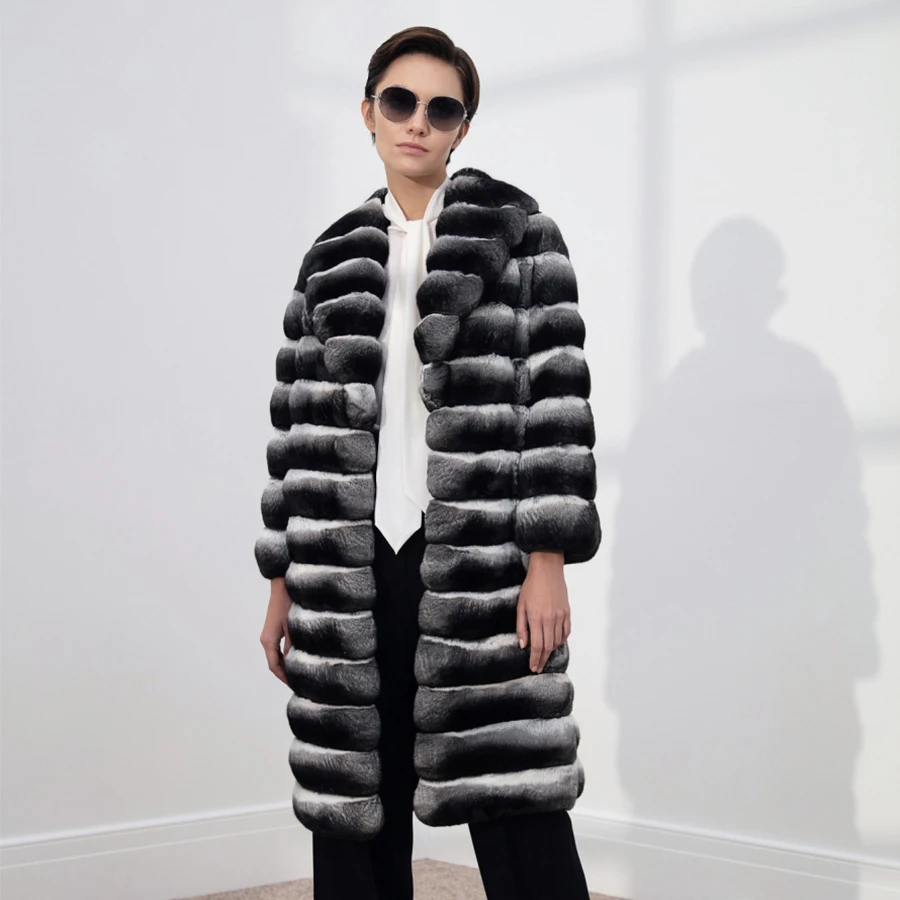 Women's Coat Rex Rabbit Fur Coat Long Winter Real Fur Coats 2024 New Fashion Luxury Chinchilla Rabbit Fur Jackets