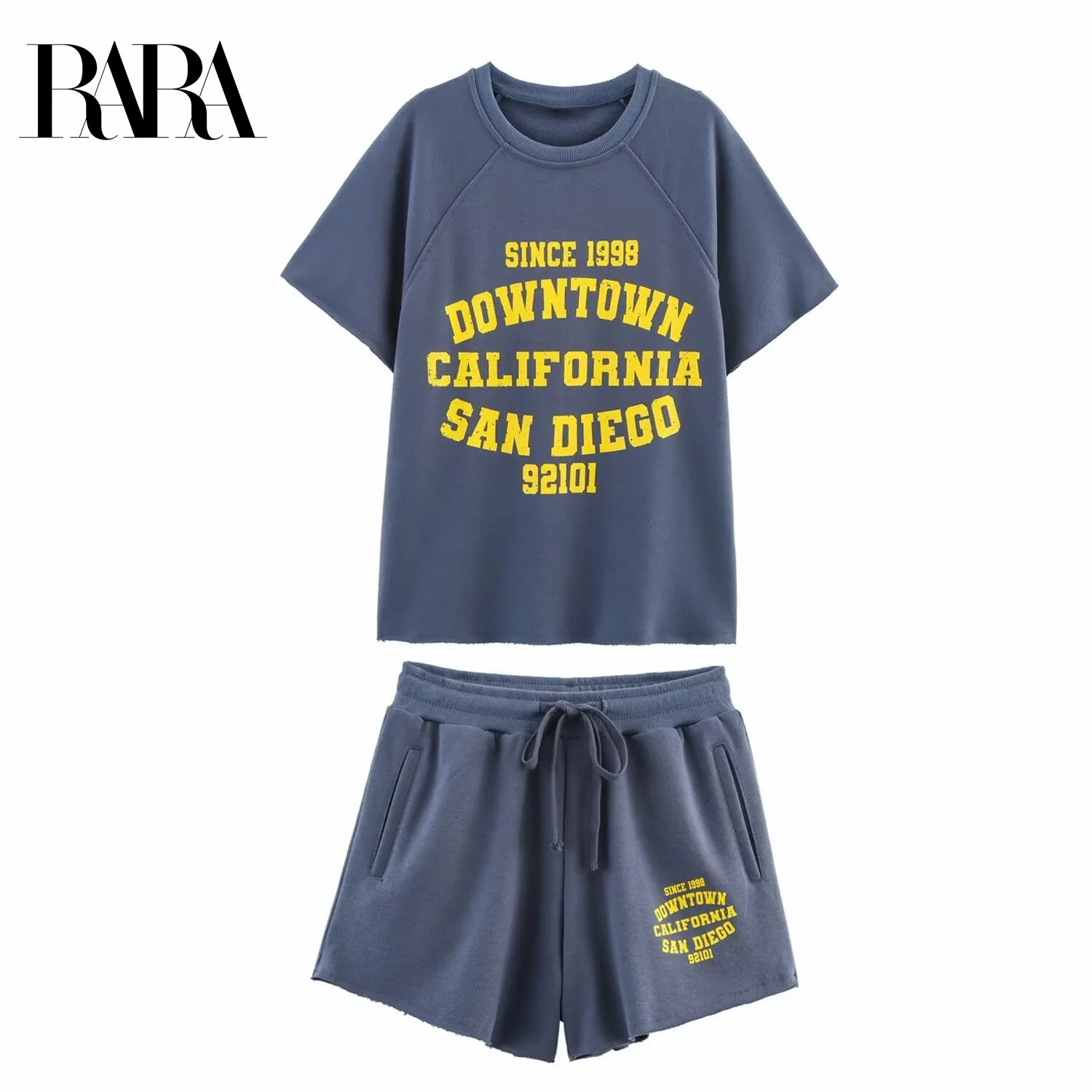 

RARA2025 new summer women's casual simple round neck short-sleeved letter printed T-shirt top + drawstring wide-leg shorts