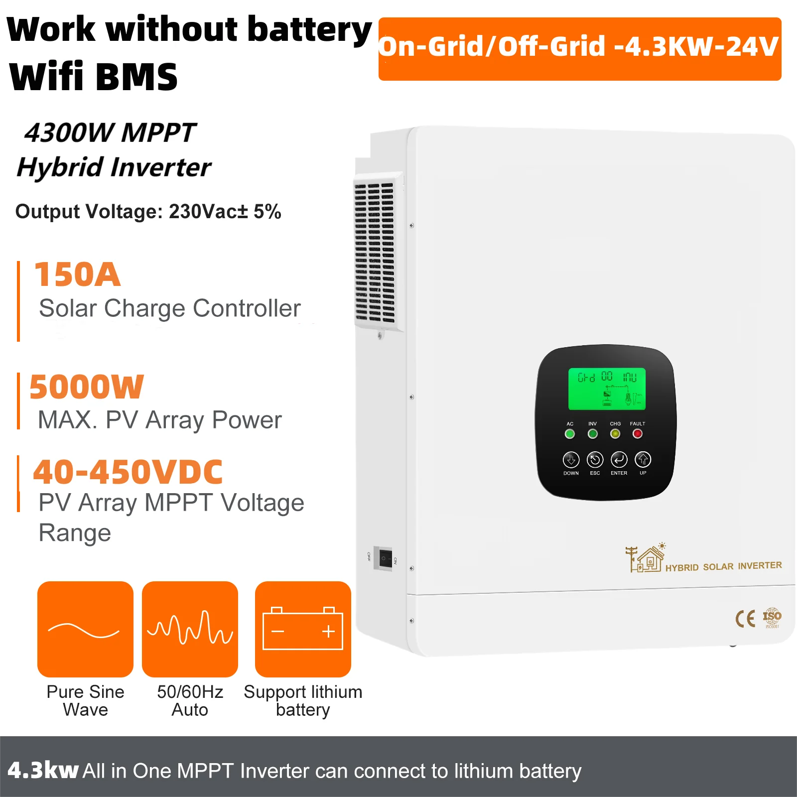 Hybrid Solar Inverter 4.3KW 24V Photovoltaic Hybrid Inverter Pure Sine Wave 230VAC Max PV 450V Build in 150A MPPT Solar Charger