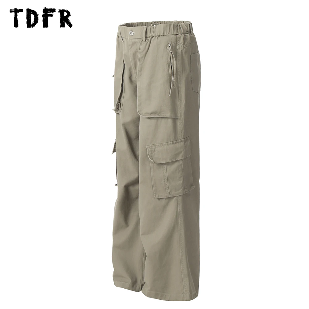 Multi-Pocket Cargo Pants  Mens Solid Color Safari Style RetroElastic Waist  Loose Wide Leg Trousers Men