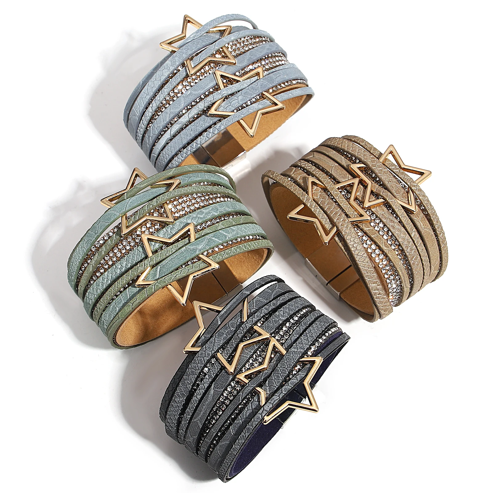 

Amorcome Vintage Magnetic Buckle Leather Wide Bracelet for Women Men Hollow Out Star Multilayerr Leather Bangle Neutral Jewelry