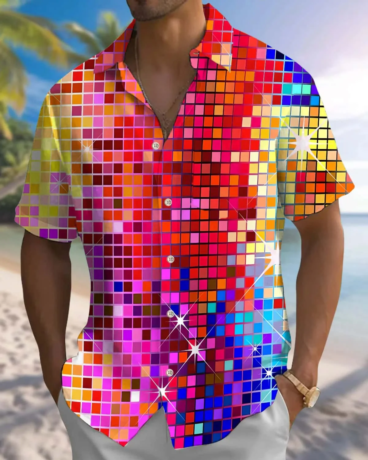 

26 Summer Men's New Hawaiian Shirt Trendy Diamond Grid Printed Short Sleeve Summer Leisure Seaside Vacation Style Large T-shirt