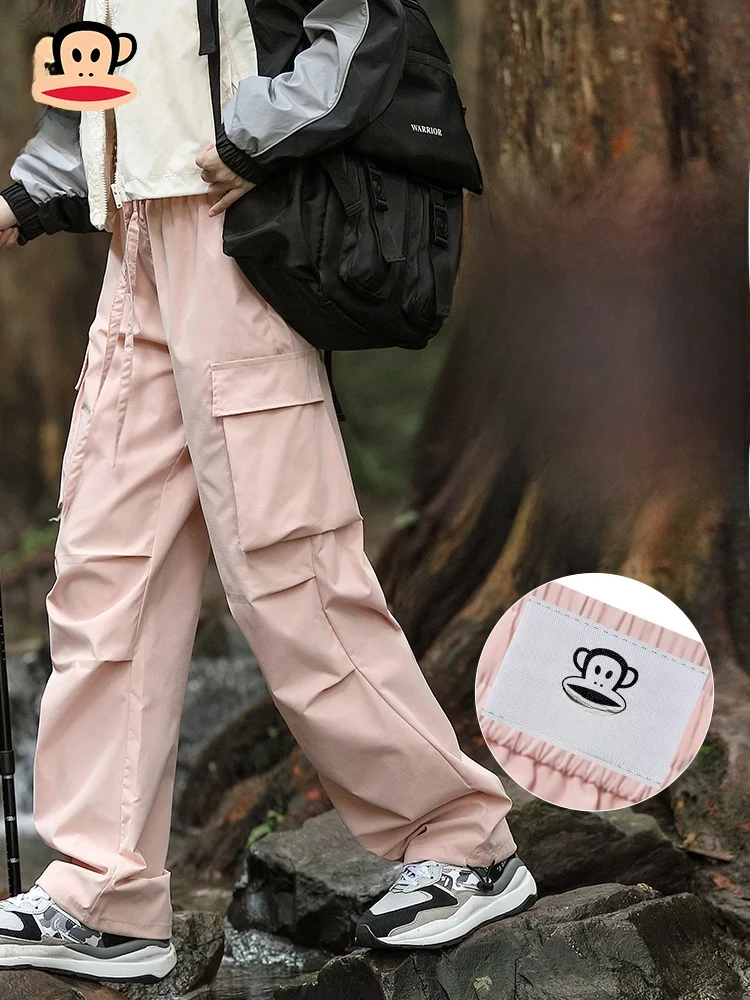 PaulFrank Pink Work Pants Men's Spring Outdoor Climbing Sports Long Trousers Loose Straight Leg No Stretch Polyester Fiber