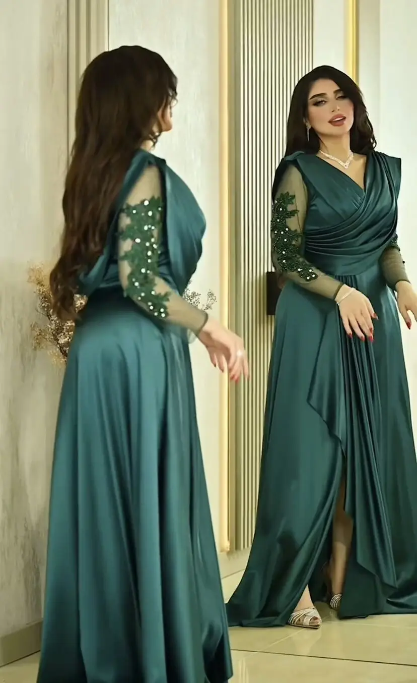 Eightale Arabic Evening Dress V-Neck Appliques Beaded Long Sleeves Dark Green Formal Customized Prom Party Gowns robe de soirée