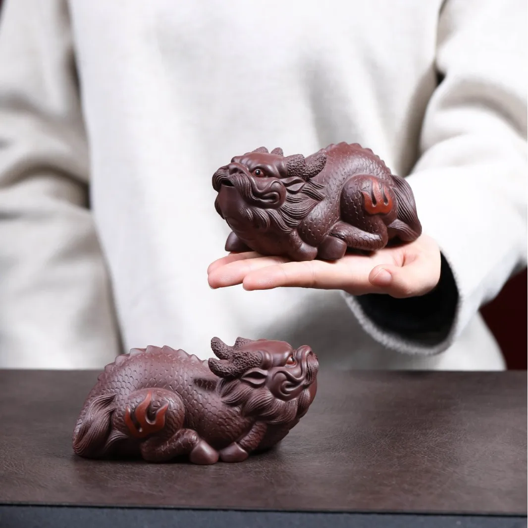 Fine Fire Dragon Pet Ornaments, Collectible Purple Clay Pixiu For Attracting Wealth, Table Decorations, Tea Accessories, A Pair