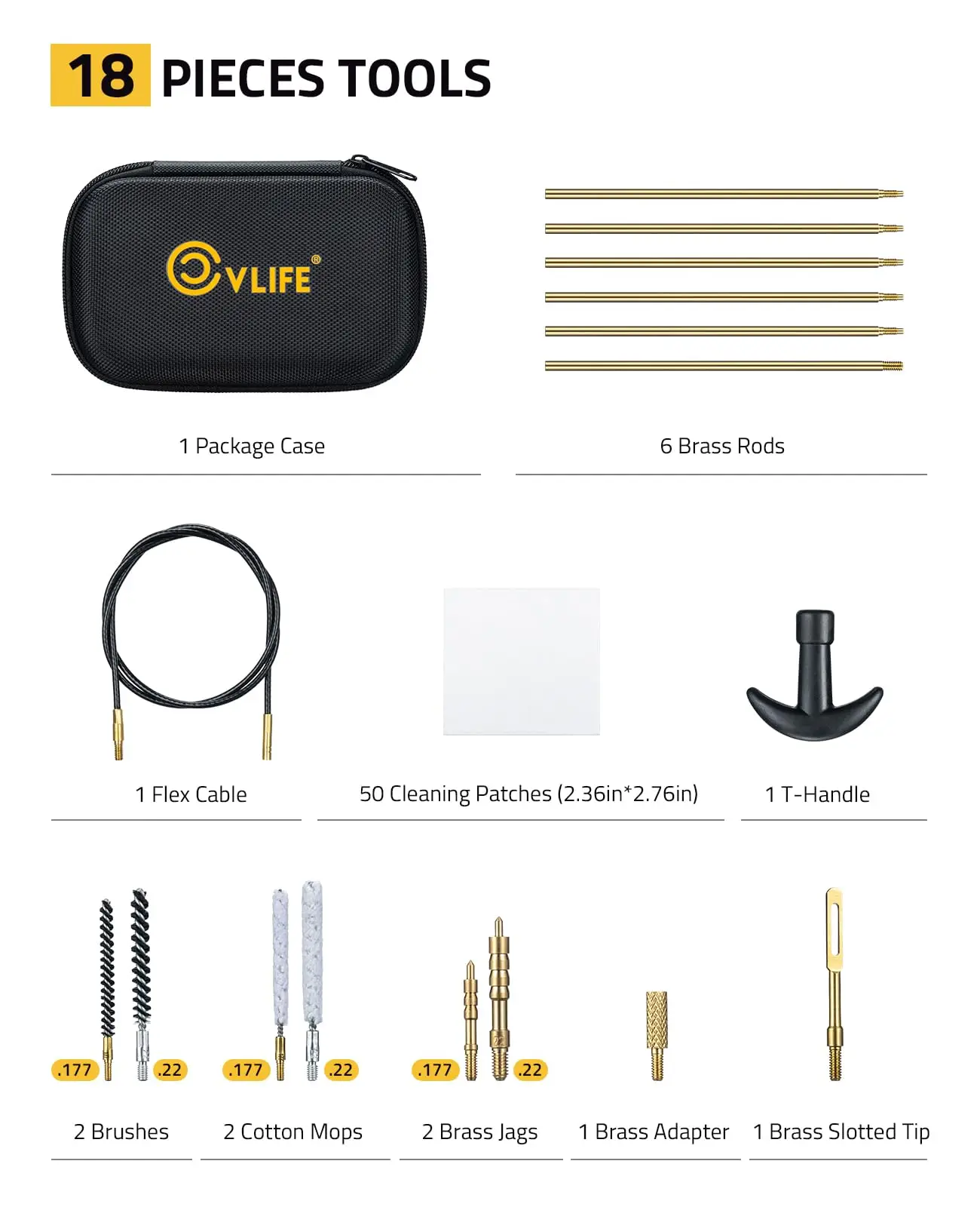 CVLIFE.177/.22lr طقم تنظيف المسدس عيار مع 6 قضبان 5.56 مم/.22/.223/.17 مجموعات تنظيف مسدس البندقية مع فرش تجويف النايلون