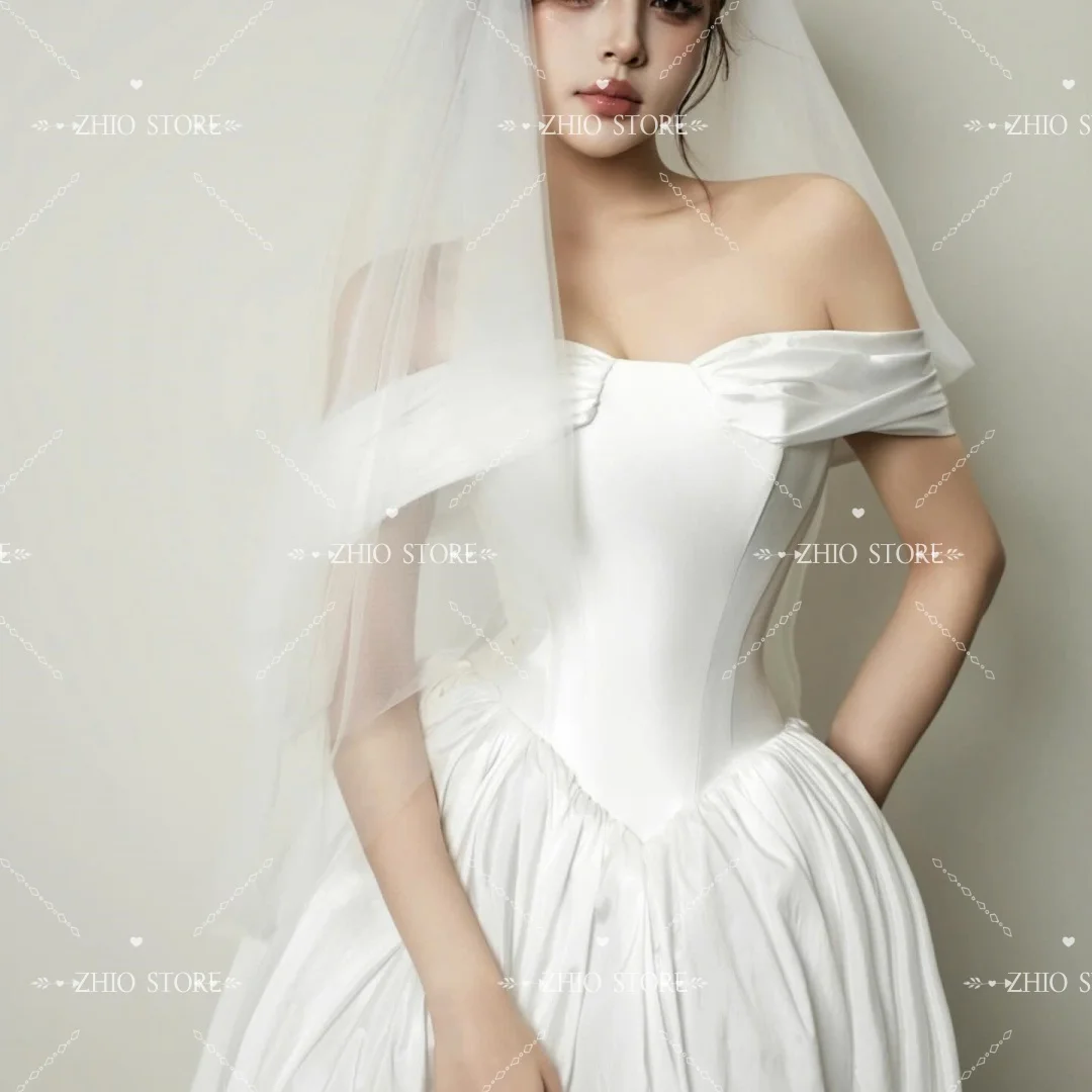 Zhi moderno marfim fora do ombro vestido de festa de casamento puff pêndulo vestido coreia sessão de fotos vestido de recepção de noiva personalizado