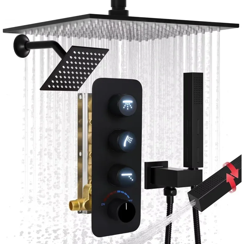Dual Head Matte Black Wall Mounted Shower Faucet Set 2-in-1 Handheld with All Functions Volume Adjustable for Apartment Use