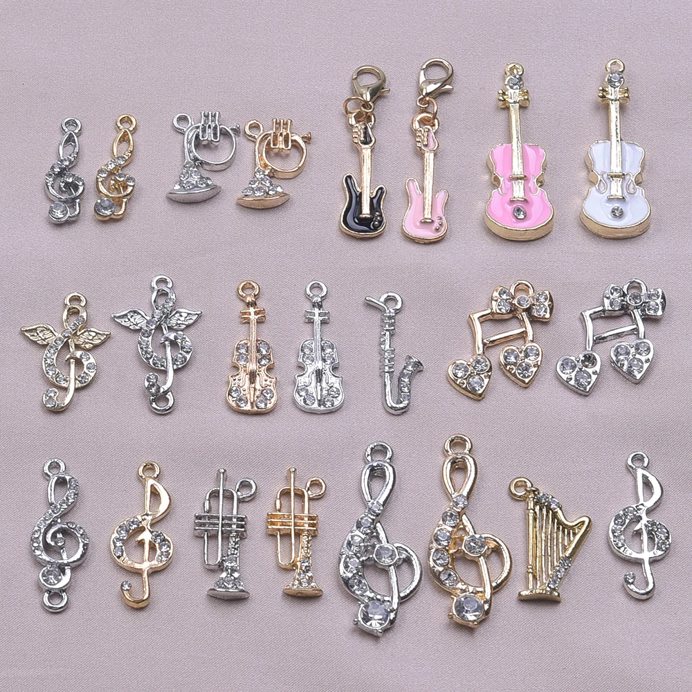 10pcs Enamel Charms Music Style Violin/Tuba With Rhinestone Pendant Alloy Guitar Handcraft Jewelry Making Dangle Bulk Materials