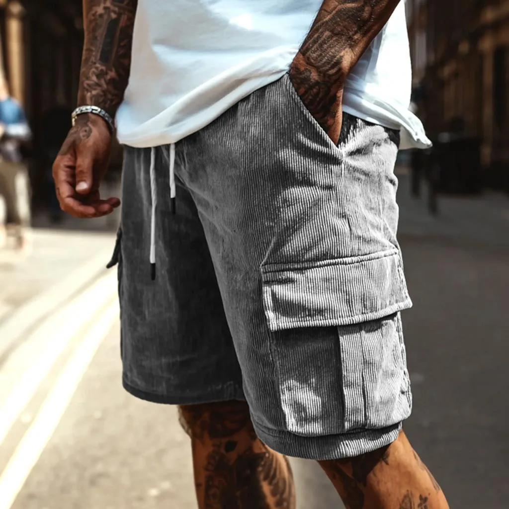 

3XL Summer Men's Corduroy Cargo Shorts Cool Breathable Sportswear Running Gym Fitness Training Jogging Casual Bottoms Gray