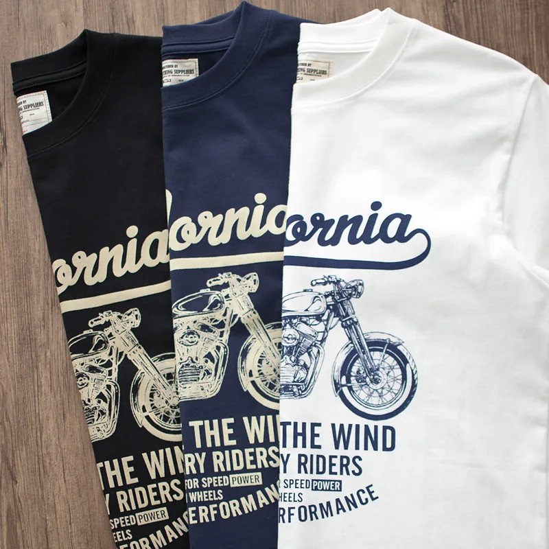 Lightweight Heavyweight American Retro Motorcycle Print T-Shirt Pure Cotton round Neck Short Sleeve Men's Casual Fashion Summ...